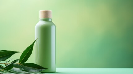 Green cosmetics. Trendy eco friendly skin care or hair care products with organic and natural elements. Cosmetic bottle and green leaves on green background. Beauty product presentation, copy space