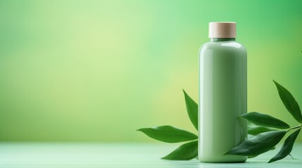 Green cosmetics. Trendy eco friendly skin care or hair care products with organic and natural elements. Cosmetic bottle and green leaves on green background. Beauty product presentation, copy space