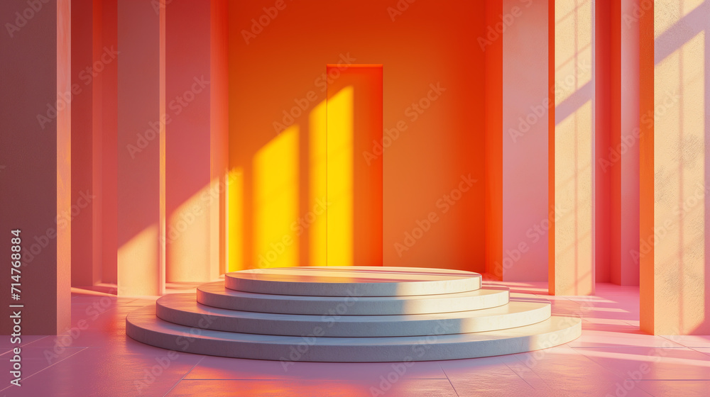 Poster 3d empty product display podium for presentations. empty stage is bathed in vibrant sunset hues, fea