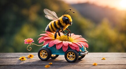 a cute bee riding a flower with wheels