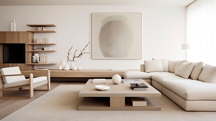 Fototapeta na wymiar Minimalist Interior Design, A minimalist living room with sleek furniture, neutral colors, and a spacious, uncluttered look