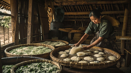 An artisan carefully tends to silkworms in a rustic bamboo hut, surrounded by wooden trays filled with silk cocoons. The earthy tones and warm lighting capture the essence of hands