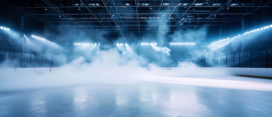 Ice Rink Background. Professional Arena illuminated neon lights, spotlights with smoke. Copyspace. Winter poster for hockey competitions. Ice skating. Stadium. Generative ai - obrazy, fototapety, plakaty