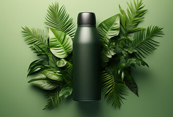 Mockup of a white thermos and thermal glass set against a natural background. - obrazy, fototapety, plakaty
