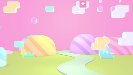 Looped cartoon land with striped mountains, flying bubble clouds, magic boxes, stars, curly roads, and green grass animation.