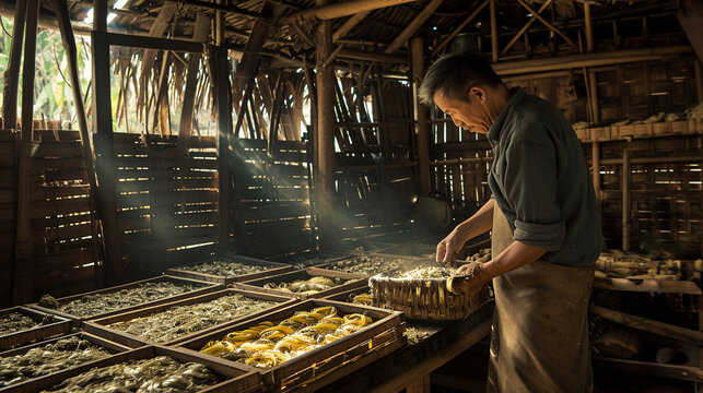 An artisan carefully tends to silkworms in a rustic bamboo hut, surrounded by wooden trays filled with silk cocoons. The earthy tones and warm lighting capture the essence of hands