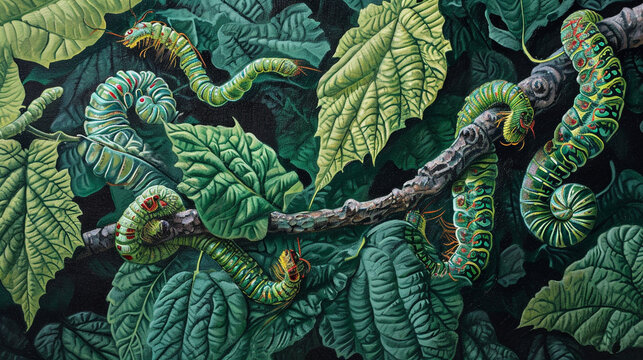 Silkworms move gracefully across a canvas of mulberry leaves, creating a living tapestry in a serene outdoor setting. The vibrant greenery and gentle movement of the silkworms cele