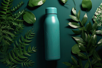 Mockup of a white thermos and thermal glass set against a natural background.