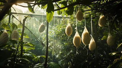 Inside a sunlit silkworm greenhouse, silk cocoons hang from branches, surrounded by lush foliage. The interplay of light and shadow showcases the delicate and natural aspect of sil