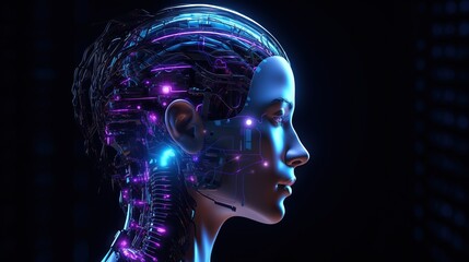 Fototapeta premium Side View of A Humanoid Head with Vibrant Neon Neural Network, Futuristic Technology 