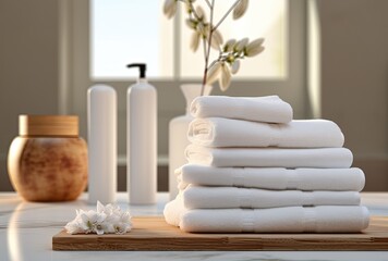 Fototapeta na wymiar A composition of toiletries including soap and a towel set against a blurred white bathroom background, creating a serene and clean ambiance.