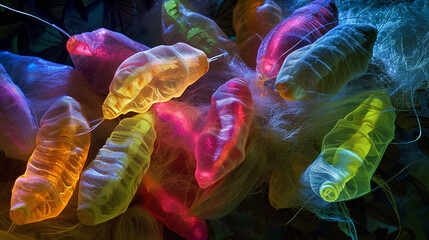 Silkworms cocooned in a surreal, luminescent glow within a controlled environment, emphasizing the transformative and magical nature of silk production. The ethereal lighting creat - obrazy, fototapety, plakaty