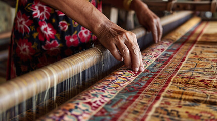 In a traditional silk weaving workshop, skilled artisans create intricate patterns using silk threads on wooden looms. The combination of craftsmanship and cultural heritage is evi
