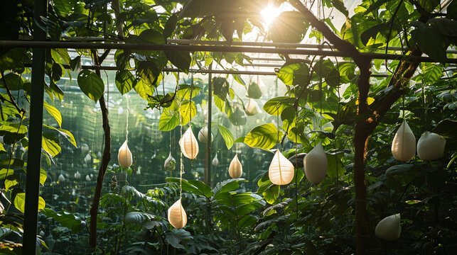 Inside a sunlit silkworm greenhouse, silk cocoons hang from branches, surrounded by lush foliage. The interplay of light and shadow showcases the delicate and natural aspect of sil