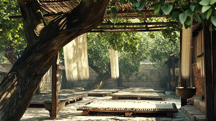 A serene scene of silkworms weaving silk threads under the shade of ancient mulberry trees. The timeless setting emphasizes the enduring connection between nature and silk producti