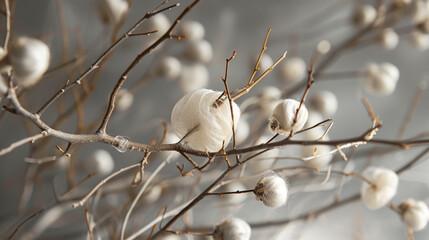 Silkworms nestled within silk-draped branches, creating a visually stunning composition that celebrates the natural elegance of the silk production process.