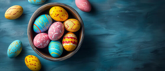 Easter Celebration: A Basket of Vibrantly Decorated Eggs on a Cool Blue Textured Background