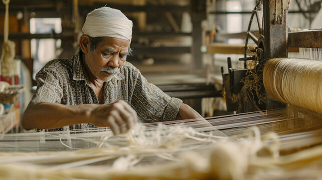 An artisan carefully inspecting silk threads for quality control in a traditional silk weaving workshop. The meticulous attention to detail reflects the commitment to excellence in