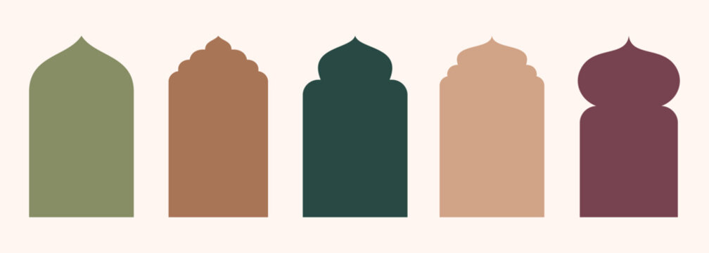 Shape Islamic door and window silhouette Arabic arch. Collection of patterns in oriental style. Frames in Arabian Muslim design for Ramadan Kareem. Vector mosque gate shape isolated on white