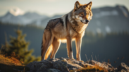 Obraz premium Rocky Watch: Lone Wolf Captured in Striking Wildlife Photography