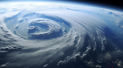 Riesiger Hurricane mit Blick aus dem Weltall auf die Erde, Wirbelsturm mit großen Wolkenbändern