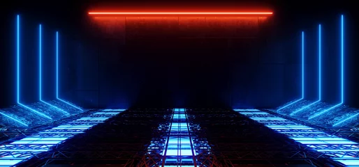 Neon Sci Fi laser Futuristic Hangar Tunnel Corridor Metal Construction Underground Bunker Blast Proof Walls Showroom Background 3D Rendering © IM_VISUALS