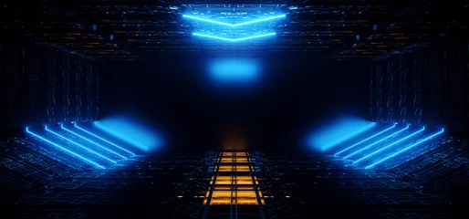 Neon Laser Futuristic Warehouse Sci Fi Spaceship Hangar Bunker Tunnel Corridor Showroom Empty Space Glowing Blue Red Lights Catwalk Cyber Garage 3D Rendering © IM_VISUALS