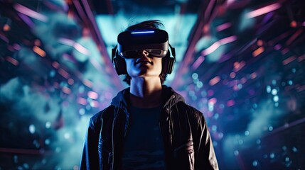 Virtual Reality Gaming, A person fully engaged in virtual reality gaming, with a futuristic VR headset and immersive graphics