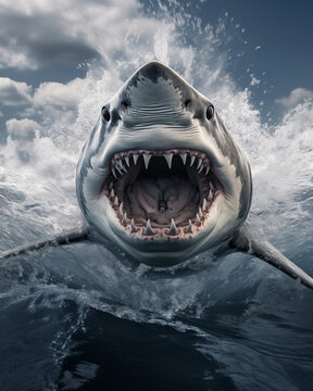 Hai im Wasser mit gefl&auml;tschten Z&auml;hnen, Angriffslustiger Hai mir spitzen Z&auml;hnen