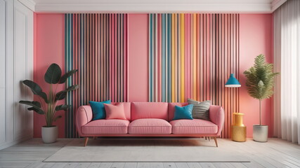 Colorful stripes panel on the stucco wall and pink sofa. Memphis postmodern style interior design of modern living room