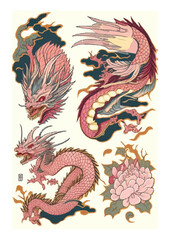Enchanting Dragon Sticker Set: Dive into a World of Whimsy with Delicate Watercolor Dragons. Perfect for a Touch of Pink Elegance and Oriental Ornamental Magic."