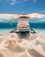 Fototapeta na wymiar Hai im Wasser mit geflätschten Zähnen, Angriffslustiger Hai mir spitzen Zähnen