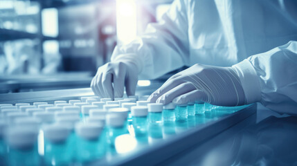 Medical Gloves Handling Test Tube Vials in Laboratory, Vaccine, Covid - Generative AI