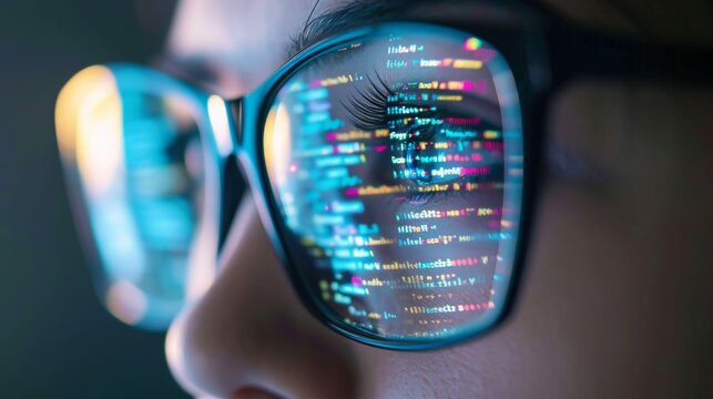 Programmer Vision through Eyeglasses.
Reflection of colourful programming code on eyeglasses lens.