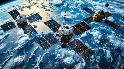 Satellite orbiting the Earth in space, symbolizing global communication and navigation technology.