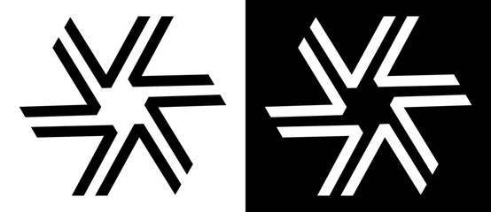 Spiral or circle with lines like letter V as dynamic abstract vector background or logo or icon. Black shape on a white background and the same white shape on the black side.