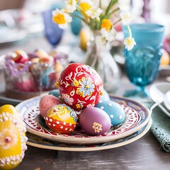 Photo of easter scene for easter, with easter bunny, colorful easter eggs