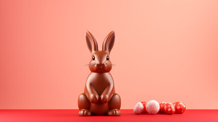 Fototapeta na wymiar Chocolate Easter bunny and red and white Easter eggs on a light red background. Easter holiday concept. Copy space for text. 