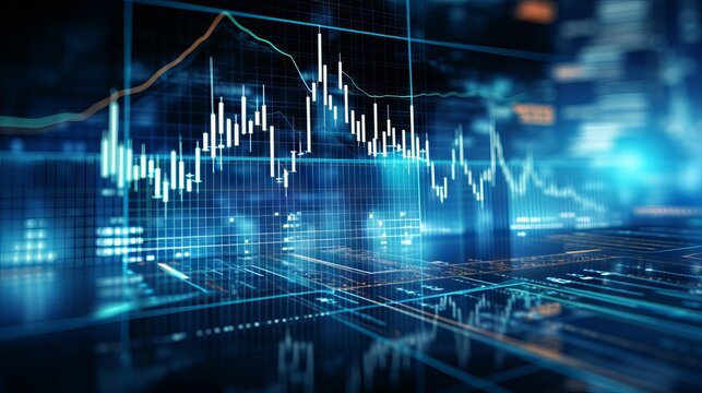 Business analyst examining financial data and stock market trends on blue graphs and charts