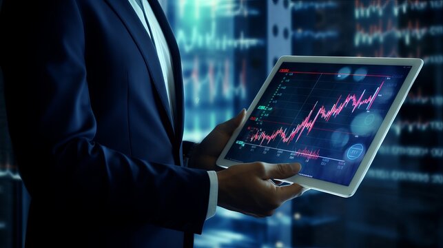 Business analyst using tablet to study financial graphs, stock market data, and economic growth charts on virtual screen