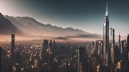Mountain Majesty Meets Urban Glow: Shanghai's Skyline at Sunset with a Mountainous Sunrise Backdrop