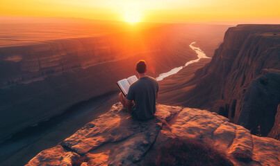 Man Reading Studying Bible Book Mountain Landscape - Powered by Adobe