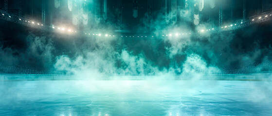 Turquoise Ice Rink Background. Professional Arena illuminated neon lights, spotlights with smoke. Copyspace. Winter poster for hockey competitions. Ice skating. Stadium. Generative ai
