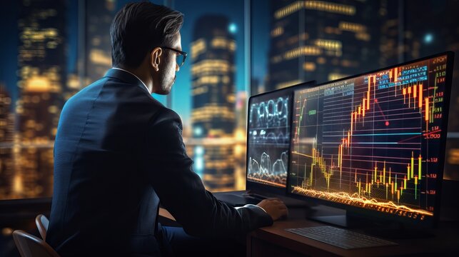 Businessman analyzing forex chart and economic growth on digital screen, business data and stock market analysis, currency exchange concept