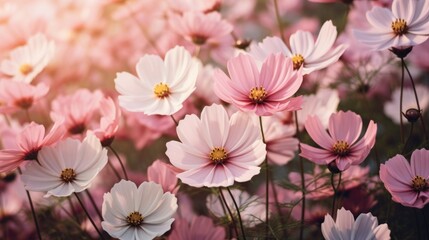 Cosmos flowers blooming in the garden. Nature background. Vintage tone. Generative AI