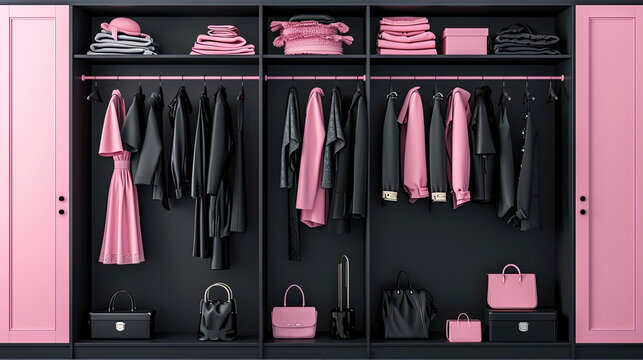 Modern wardrobe with stylish pink black female clothes and accessories. Rack with female clothes. digital ai art.Generative AI