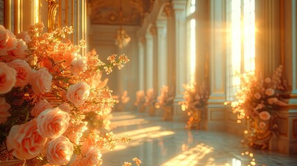 Luxury Palace hall Interior with big windows and walls decorated with frescoes and murals pink roses and flowers compositions. Wedding background.Generative AI
