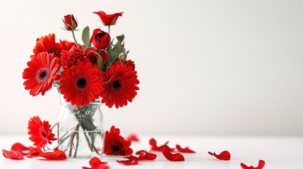 Bouquet of red flowers in a jar on the table for valentine's day background - AI Generated