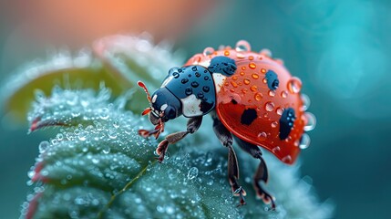 Macro photography of a ladybug perched on a dew-kissed blade of grass in close-up . Generative AI