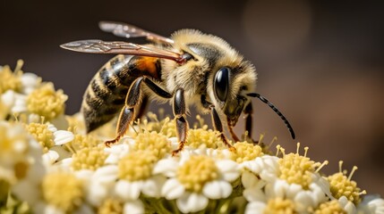 Macro shot of a bee on a flower. Shallow depth of field. Generative AI